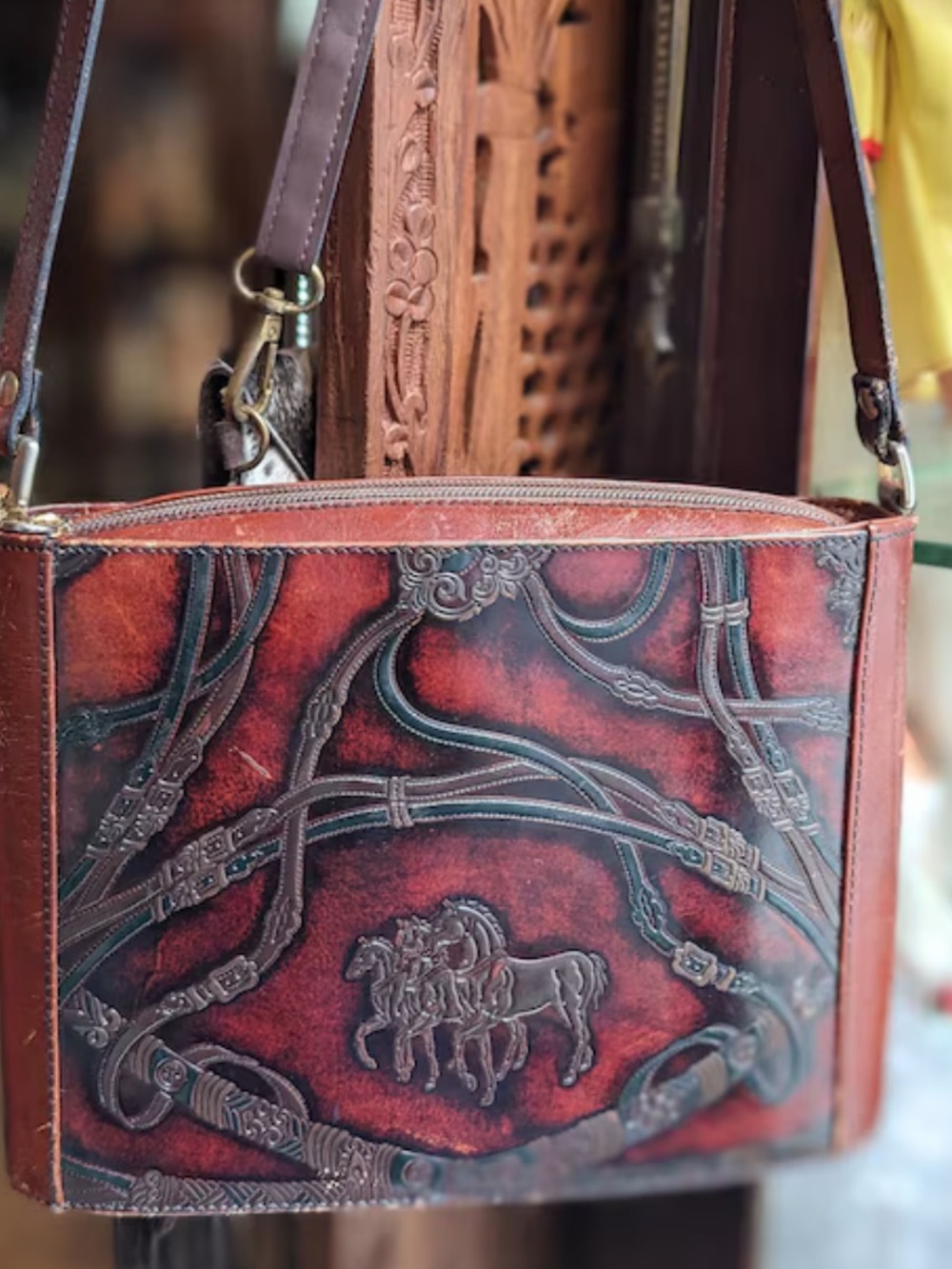 Vintage Italian Embossed Leather Horse & Bridle Crossbody - Red Brown